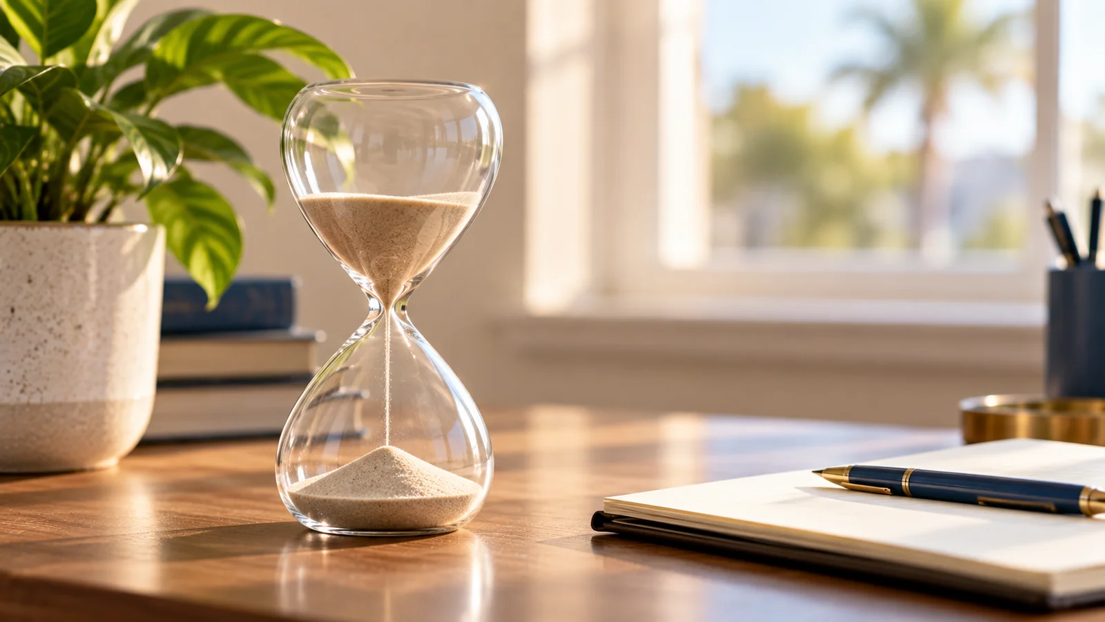 Hourglass on a desk with the sand partly run through, window light behind