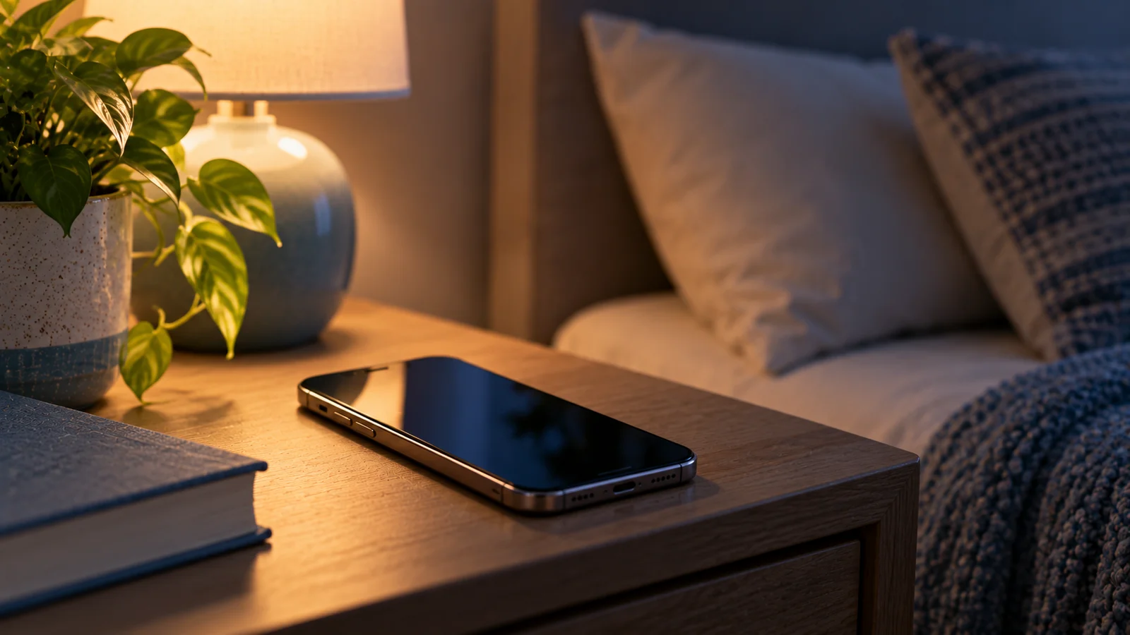 Phone lying face up and glowing on a nightstand in a dim room