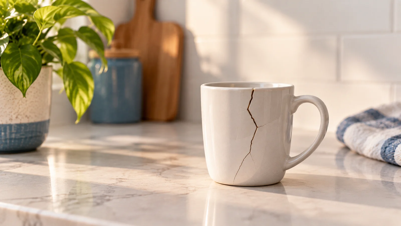 Single cracked white ceramic mug standing on a clean kitchen counter