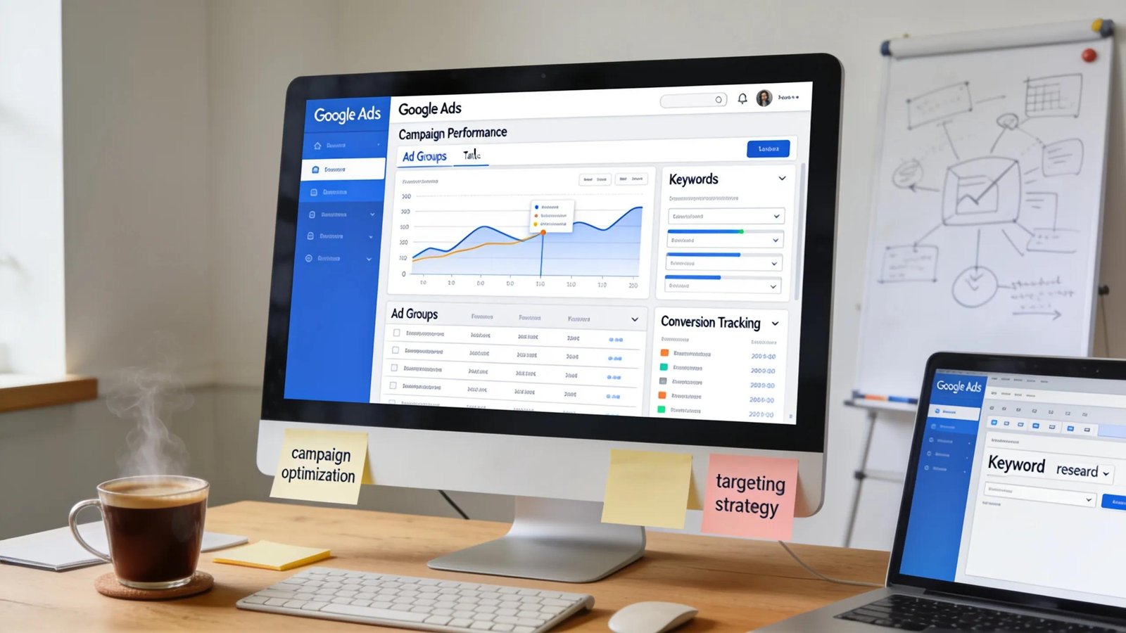 Workspace with digital tools for optimizing Local Google Ads management and performance